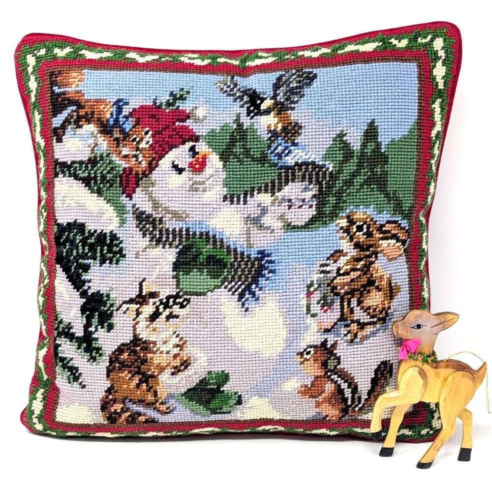 Woodland SNOWMAN Needlepoint Throw Pillow 14" | Christmas Winter Cabin Decor